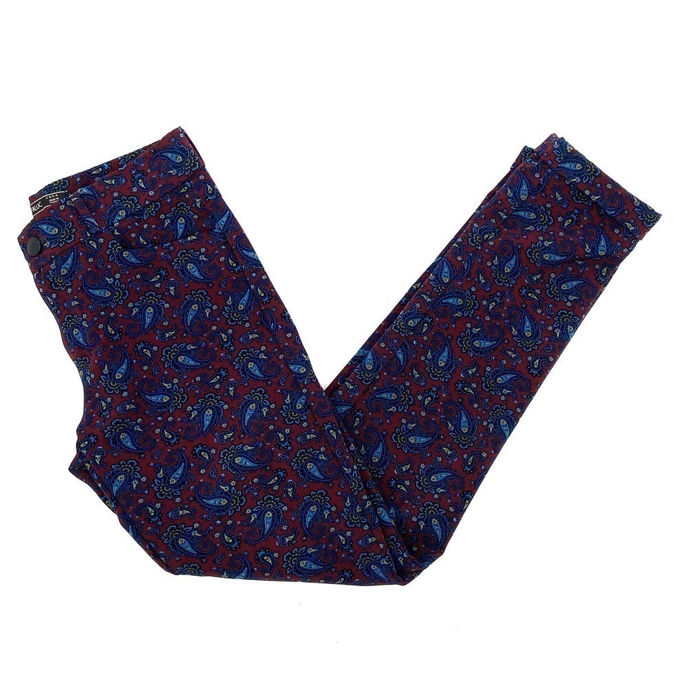 ZARA Trafaluc Burgundy Blue Paisley Print Cuffed Stretch Pants Size XS